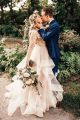 Fairy Tale A Line V Neck Lace Sleeves Backless Tulle Ruffles Beaded Wedding Dress