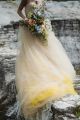 Fairy Tale Ball Gown Sweetheart Corset Champagne Yellow Tulle Wedding Dress With Chapel Train