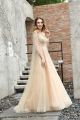Fairy Tale Champagne Tulle Beaded Prom Evening Dress Scoop Sheer Back With Cape