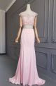 Fairy Tale Two Pieces Long Pink Chiffon Crystal Beaded Prom Party Dress With Cap Sleeves