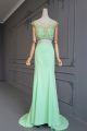 Fairy Two Pieces Long Mint Green Chiffon Crystal Beaded Prom Evening Dress With Cap Sleeves