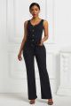 Fashion Black Women Jumpsuit Scoop Sleeveless Sexy Office Lady Body Suit With Buttons Sash