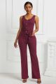 Fashion Burgundy Women Jumpsuit Scoop Sleeveless Sexy Office Lady Body Suit With Buttons Sash