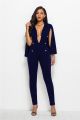 Fashion Deep V Neck Long Sleeve Navy Blue Bodysuit Formal Occasion Jumpsuit With Cape Buttons
