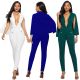 Fashion Deep V Neck Long Sleeve Teal Bodysuit Formal Occasion Jumpsuit With Cape Buttons