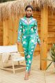 Fashion Long Sleeve Zipper Printed Green Two Piece Women Sport Suit