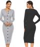 Fashion Office Lady Scoop Long Sleeve Slim Fit Grey Knee Length Causal Dresses With Buttons