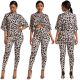Fashion Two Piece Set Women Sport Suits High Neck Half Sleeve Pencil Pants Leopard Print Outfits