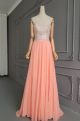 Flowing A Line Sweetheart Long Peach Chiffon Beaded Prom Party Dress With Lace Appliques