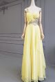 Flowing Long Light Yellow Chiffon Beaded Prom Party Dress One Shoulder Sheer Back