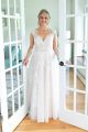 Gorgeous A Line Illusion Neckline Sheer Back White Lace Wedding Dress With Buttons