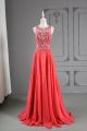 Gorgeous A Line Scoop Sleeveless Sheer Back Long Coral Chiffon Crystal Beaded Prom Party Dress