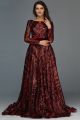 Gorgeous Ball Gown Long Sleeves Corset Sequined Burgundy Prom Evening Dress