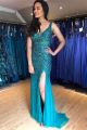 Gorgeous Long Colum Turquoise Tulle Rhinestone Beaded Prom Party Dress With Slit