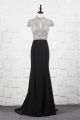 Gorgeous Long Mermaid Beaded Black Prom Evening Dress High Neck Cap Sleeves