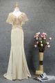 Gorgeous Long Mermaid Beaded Champagne Prom Party Dress V Neck Ruffle Sleeves