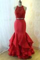 Gorgeous Long Mermaid Beaded Two Pieces Prom Evening Dress With Open Back Red Taffeta Ruffles