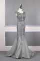 Gorgeous Long Mermaid Grey Tulle Lace Beaded Prom Evening Dress Scoop Cap Sleeves
