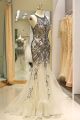 Gorgeous Long Mermaid Navy Blue Beaded Prom Evening Dress With Champagne Tulle Ruffles