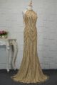 Gorgeous Long Sheath Gold Crystal Beaded Prom Party Dress High Neck Sleeveless