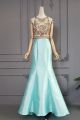 Gorgeous Mermaid Long Aqua Taffeta Beaded Prom Party Dress Sheer Back