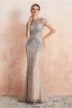 Gorgeous Mermaid Rhinestones Beaded Champagne Prom Evening Dress Cap Sleeves Sheer Back