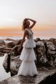 Gorgeous See Through V Neck Open Back Tiered Tulle Lace Beach Destination Wedding Dress
