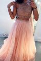 Gorgeous Two Pieces Pink Tulle Prom Party Dress With Rhinestones High Neck Sleeveless