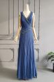 Graceful A Line Long Dusty Blue Chiffon Pleated And Beaded Prom Party Dress V Neck Sleeveless