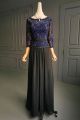 Graceful Black Chiffon Beaded Formal Mother Evening Dress 3 4 Sleeves Blue Lace