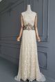Greek Sheath Long Champagne Chiffon Lace Crystal Beaded Prom Evening Dress Scoop  Sleeveless