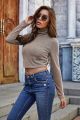 Khaki Women T-shirts Sexy and Club Fashion Streetwear Slim Crop Top High Neck Long Sleeve Basic Tees