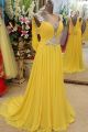 Long A Line Crystal Beaded Yellow Prom Party Dress V Neck Low Back With Court Train