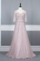 Modest Long A Line Pink Tulle Beaded Prom Evening Dress V Neck Half Sleeves Corset