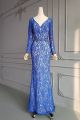 Modest Mermaid Long Royal Blue Lace Beaded Prom Evening Dress With Long Sleeves