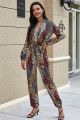 Modest V Neck Long Sleeve Floral Bodysuit Formal Occasion Jumpsuit With Sash