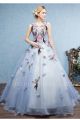 Ball Gown Scoop Open Back Blue Tulle Prom Evening Dress With Bird Butterfly Appliques