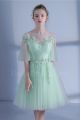 Short A Line Scoop Half Sleeve Beaded Flowers Pleated Mint Green Tulle Prom Evening Dress 