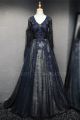 A Line V Neck Long Sleeve Corset Low Back Beaded Lace Navy Blue Tulle Prom Evening Dress