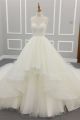 Ball Gown Illusion Neckline Low Back Beaded Lace Layered Tulle Organza Wedding Dress