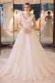 A Line V Neck Cap Sleeve Corset Crystal Beaded Lace Tulle Wedding Dress