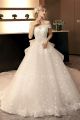 Ball Gown Off The Shoulder Corset Crystal Beaded Lace Tulle Wedding Dress With Long Train