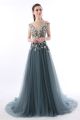 Sexy A Line Bateau Sheer Back Dusty Blue Pearl Beaded Appliques Flower Tulle Quinceanera Prom Dress