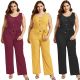 Plus Size O Neck Sleeveless Fashion Jumpsuit Women Black Bodysuit Wide Leg Pants Romper With Sash