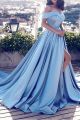 Princess A Line Dusty Blue Prom Party Dress Off The Shoulder With Slit