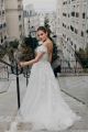 Princess A Line Off The Shoulder Open Back White Tulle Wedding Dress With Appliques
