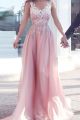 Princess A Line Prom Party Dress V Neck Pink Organza Lace