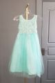Princess A Line Scoop Aqua Lace Tulle Pearl Beaded Flower Girl Dress With Sash