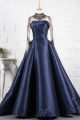 Princess Ball Gown Beaded Navy Blue Prom Quinceanera Dress High Neck Long Sleeves