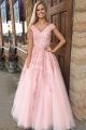 Princess Ball Gown Beaded Prom Party Dress V Neck Sleeves Pink Lace Tulle